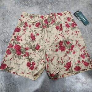 RALPH LAUREN Vintage 90s Pleated Red Floral Zip Front Tan Linen Shorts Sz 10 New